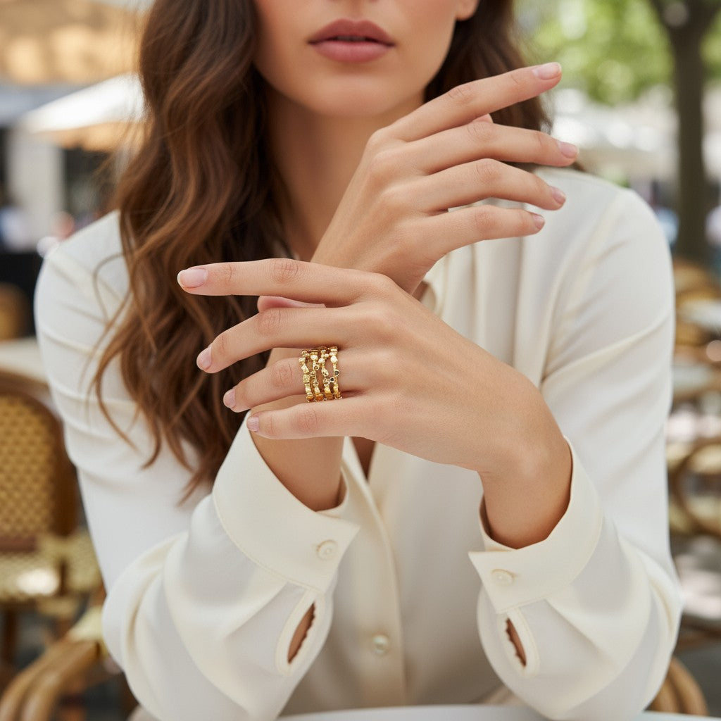 Anillo en oro AB5G de la colección Brisa con fondo blanco de flores